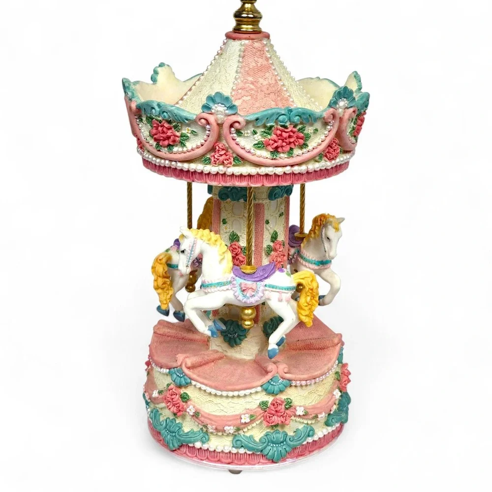 Musical Rotating Carousel Horse Music Box Plays Carousel Waltz Pink Floral